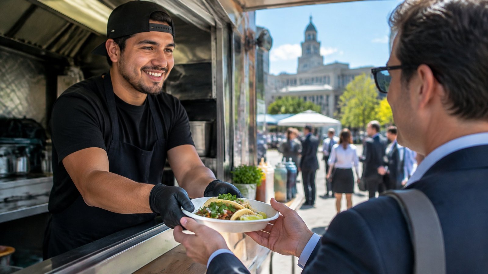 A food truck owner serving lunch to office workers in a downtown plaza