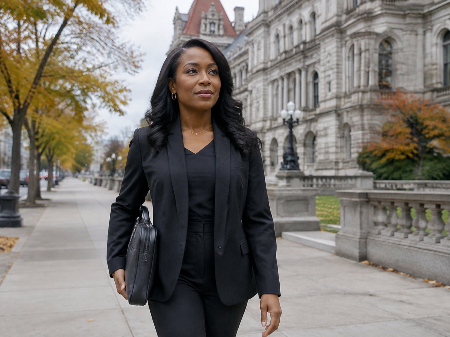 An Albany consulting firm founder walking downtown with historic state government buildings behind her