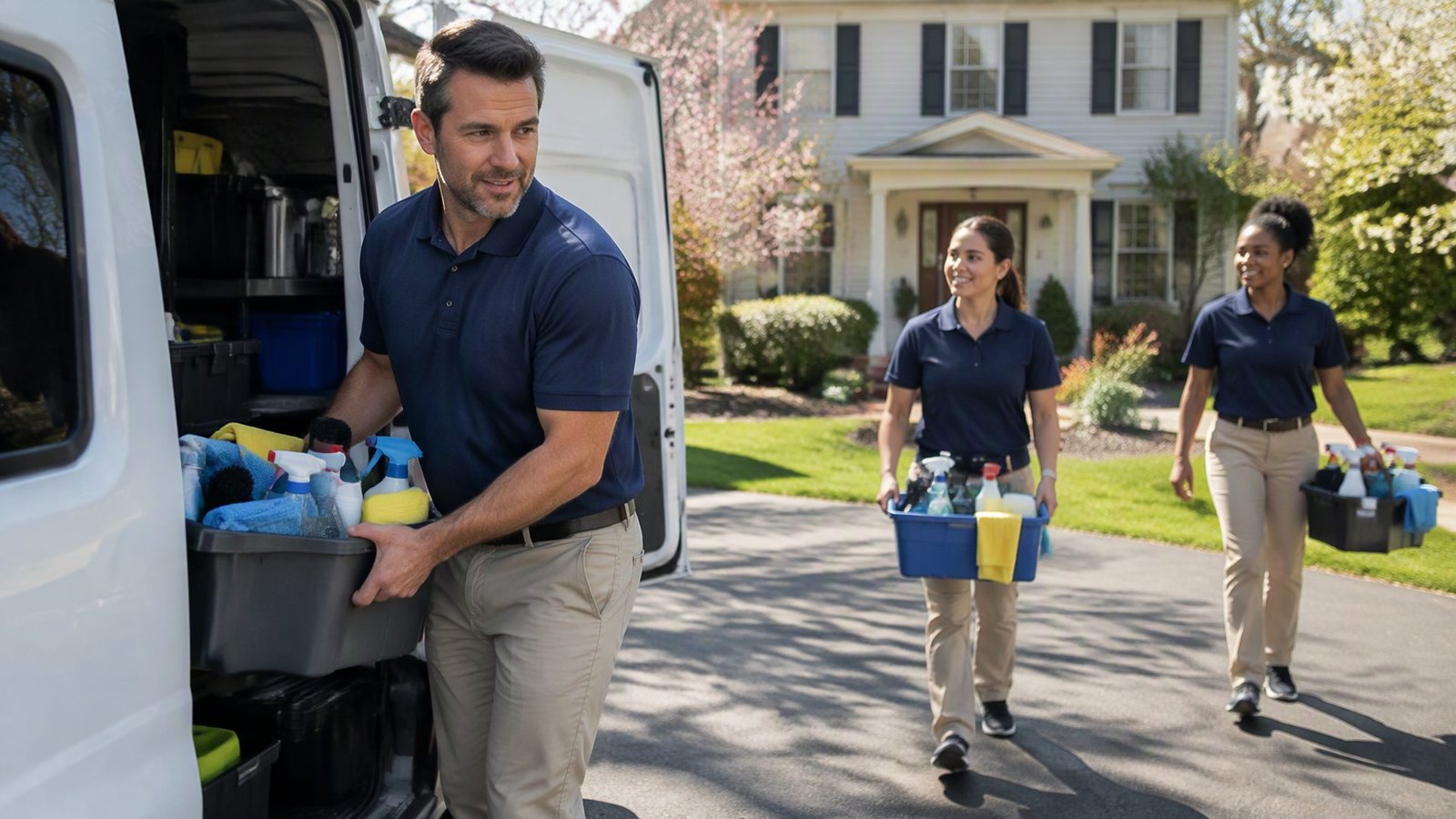 A residential cleaning business owner and his crew unloading supplies at a suburban home