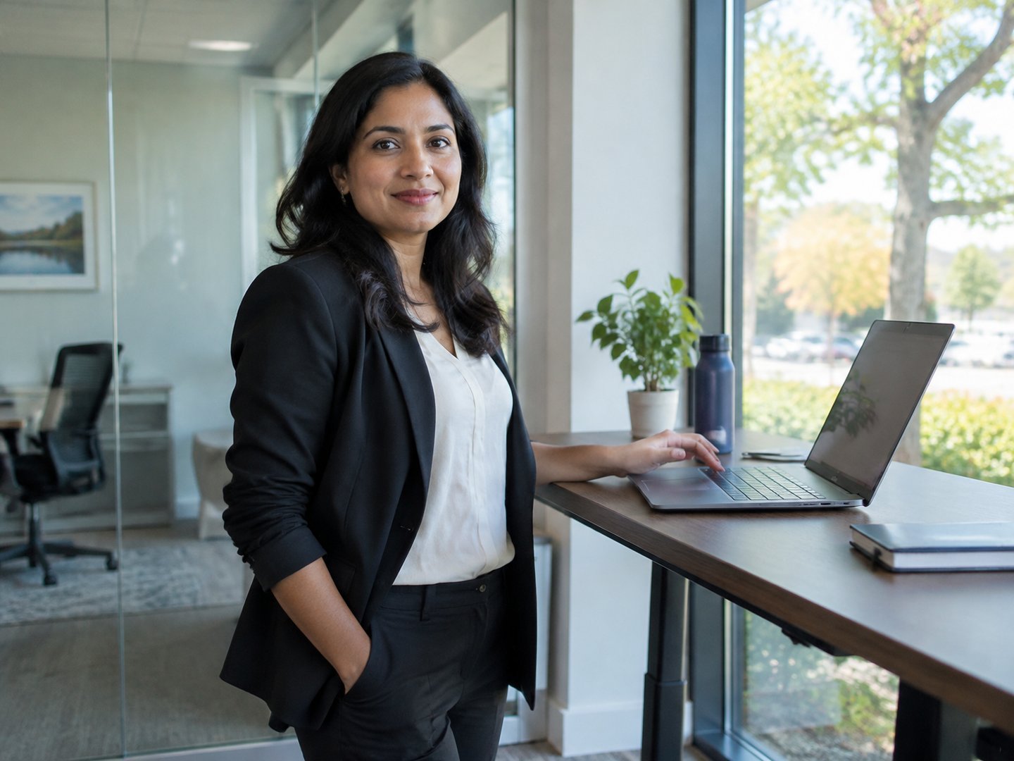 An Amherst IT consulting founder standing in her small modern office suite