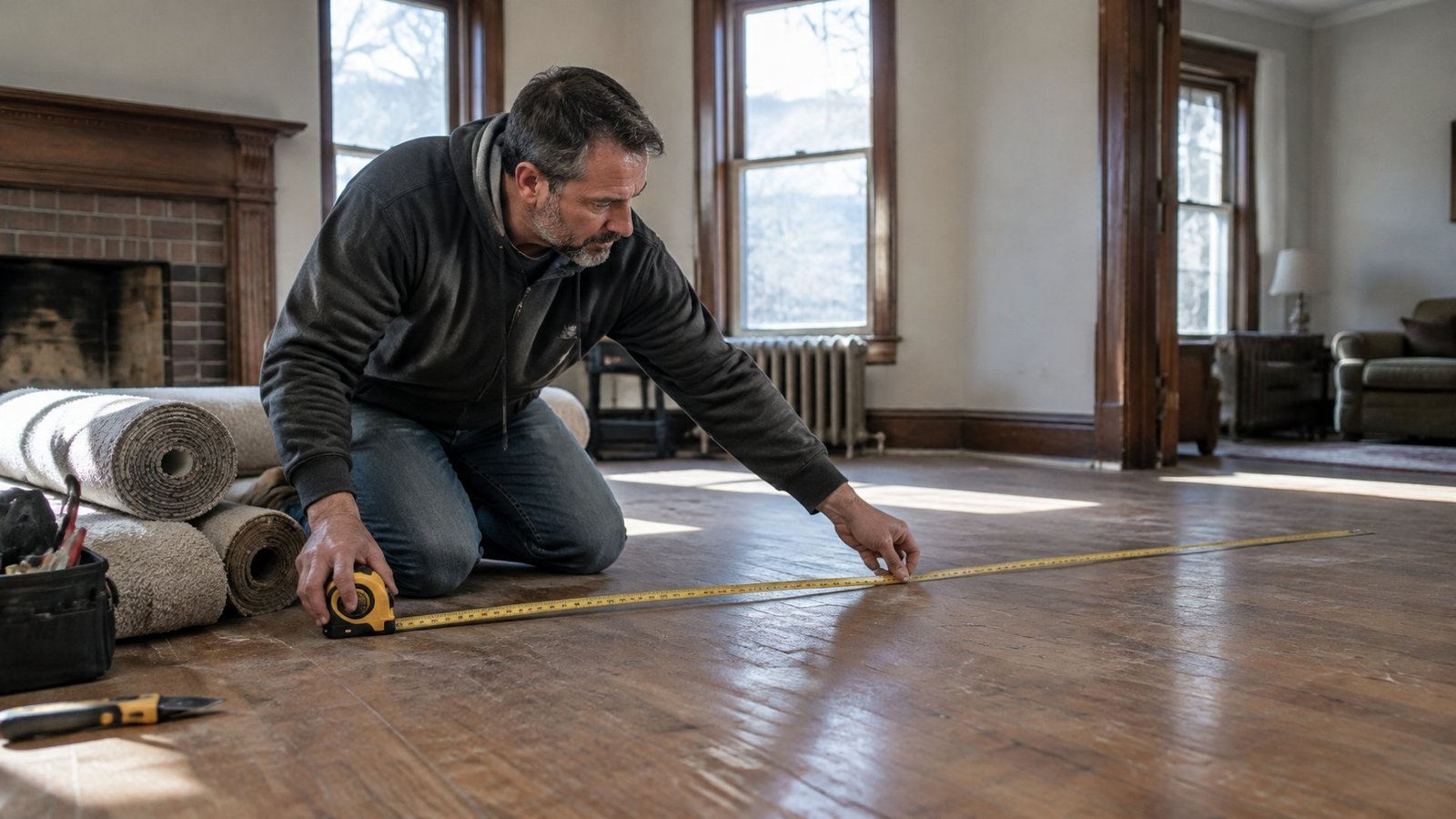 A flooring installer measuring a living room floor in an older home