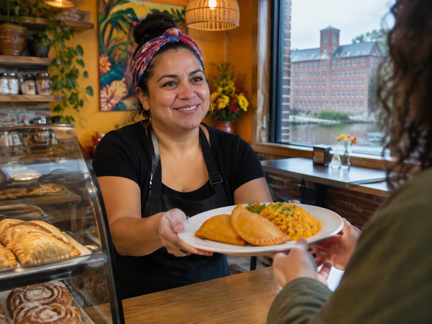 An Amsterdam restaurant owner serving pastelillos and rice to a customer at her counter