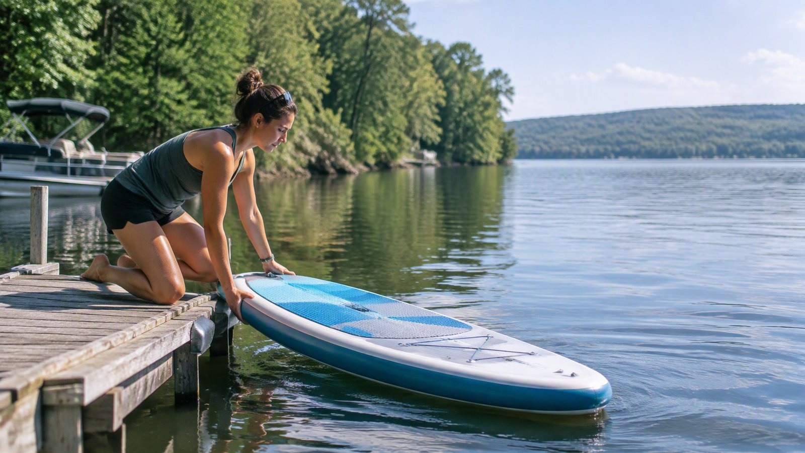 A paddleboard rental owner pushing a board into calm lake water from a wooden dock