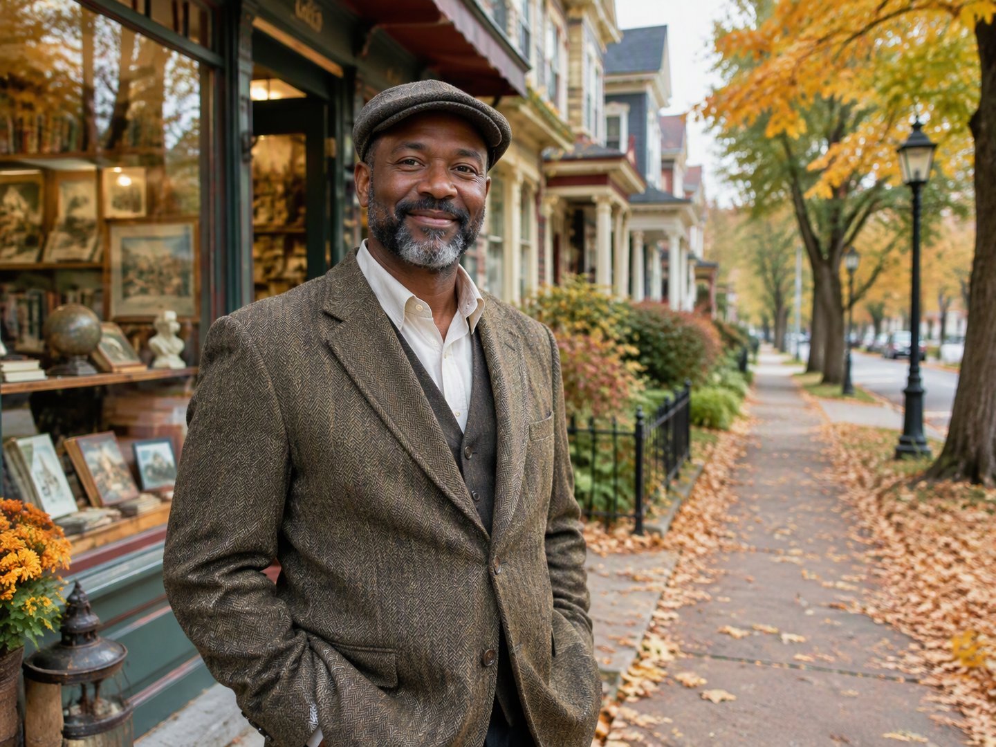 An Auburn heritage tour and gift shop owner standing in front of his shop on a street of historic homes