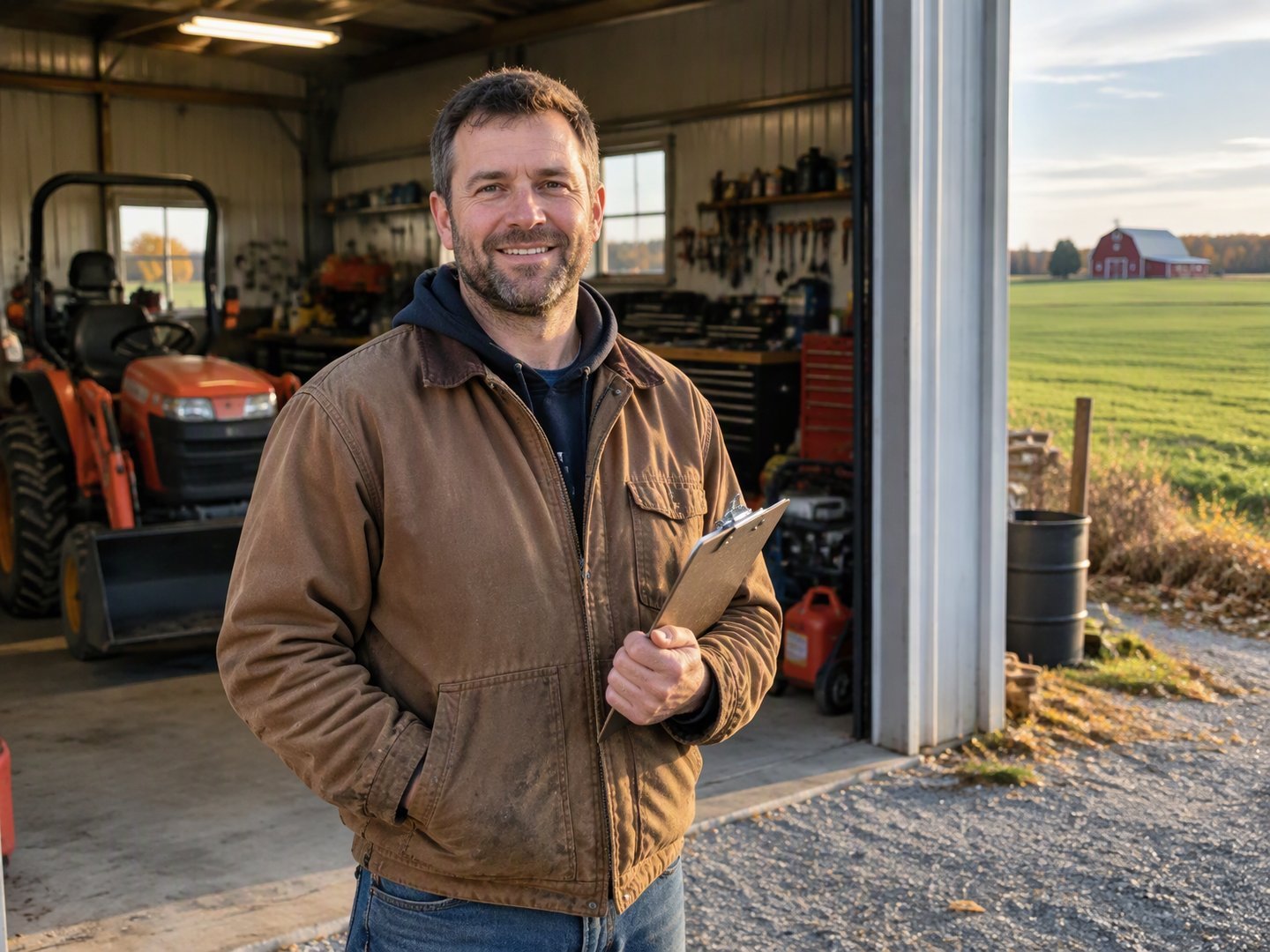 A Batavia small engine and farm equipment repair shop owner standing in his open shop bay with farmland behind him
