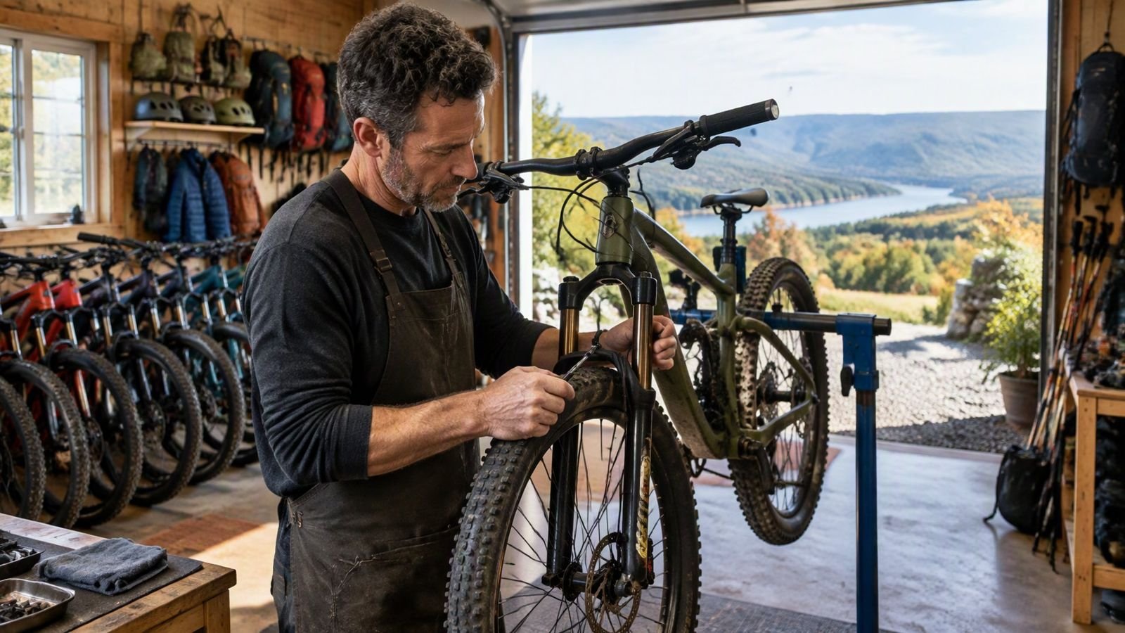 A bike shop owner adjusting a mountain bike on a repair stand with hills outside