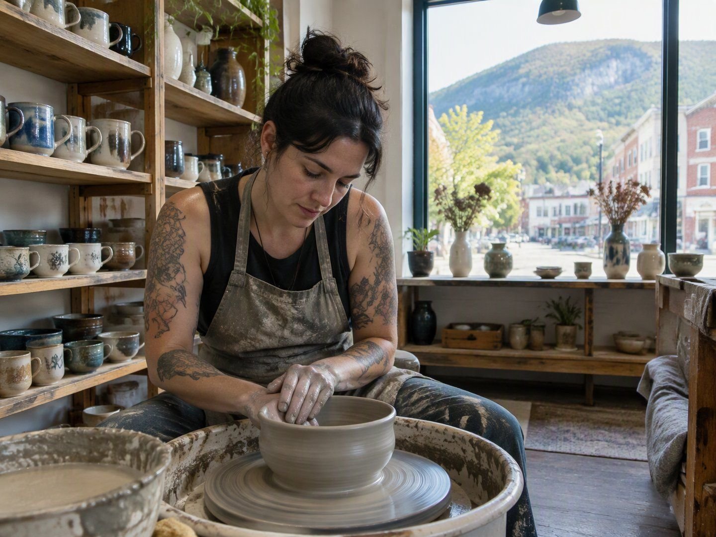 A Beacon ceramic artist shaping a bowl on a pottery wheel in her Main Street studio