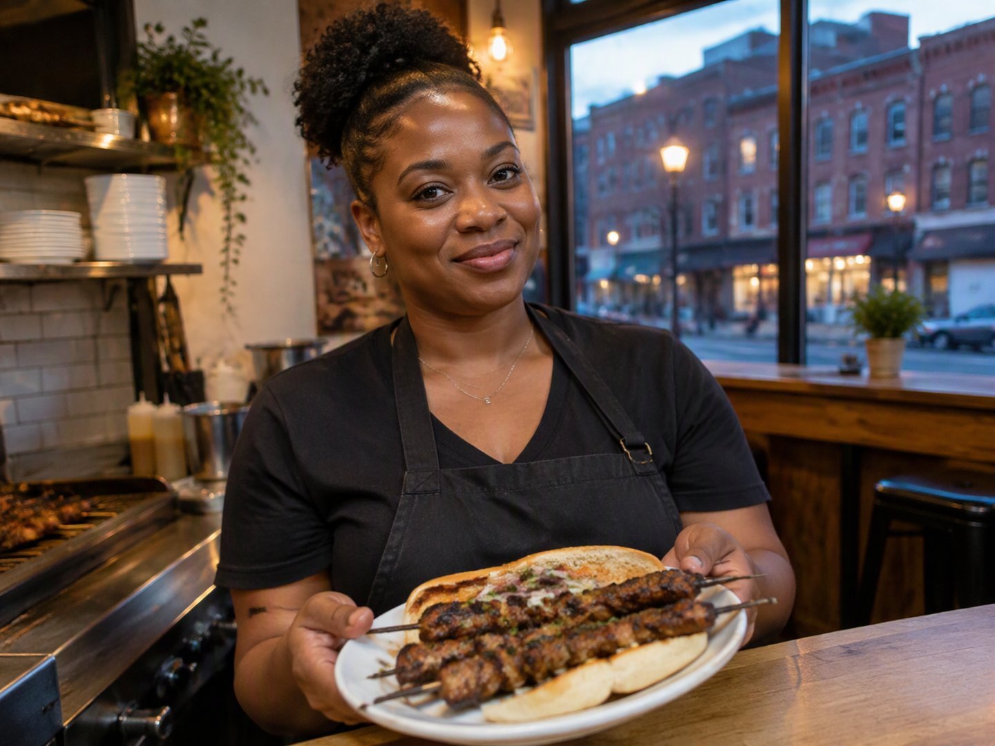 A Binghamton grill shop owner holding a plate of grilled marinated meat on Italian bread at her counter