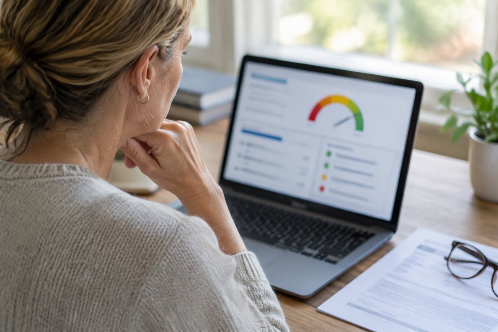 A woman reviewing her personal credit report on a laptop at her home office desk