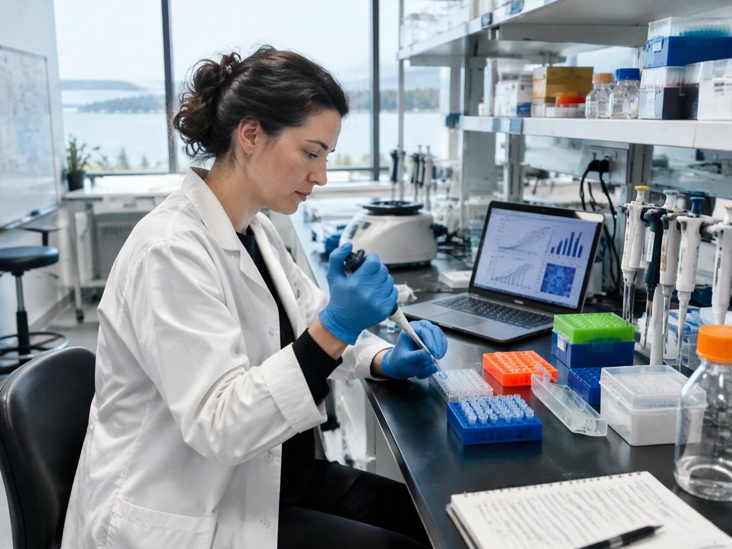 A biotech startup founder working at a lab bench in a bright incubator lab
