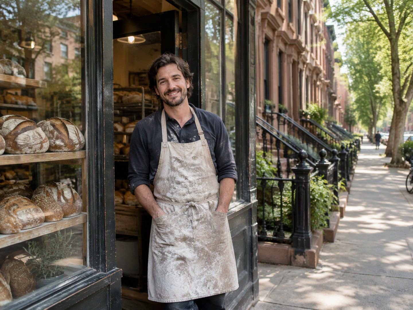 A Brooklyn baker standing in the doorway of his bakery on the ground floor of a brownstone