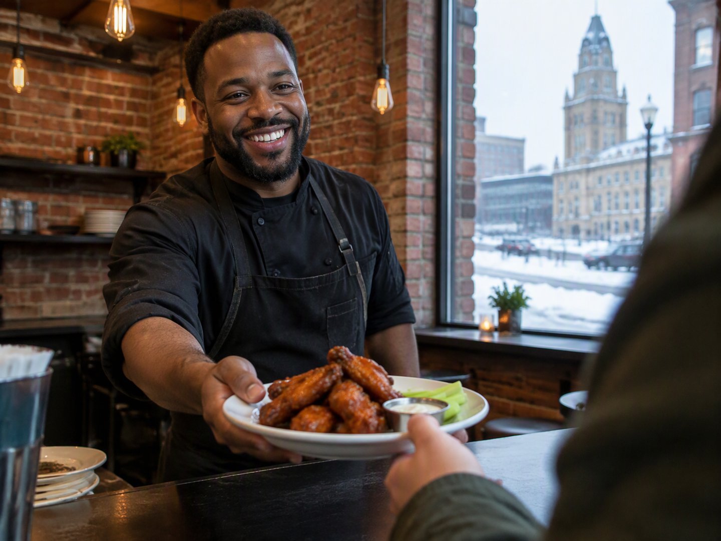 A Buffalo restaurant owner serving chicken wings to a customer in his brick-walled eatery with a snowy street outside