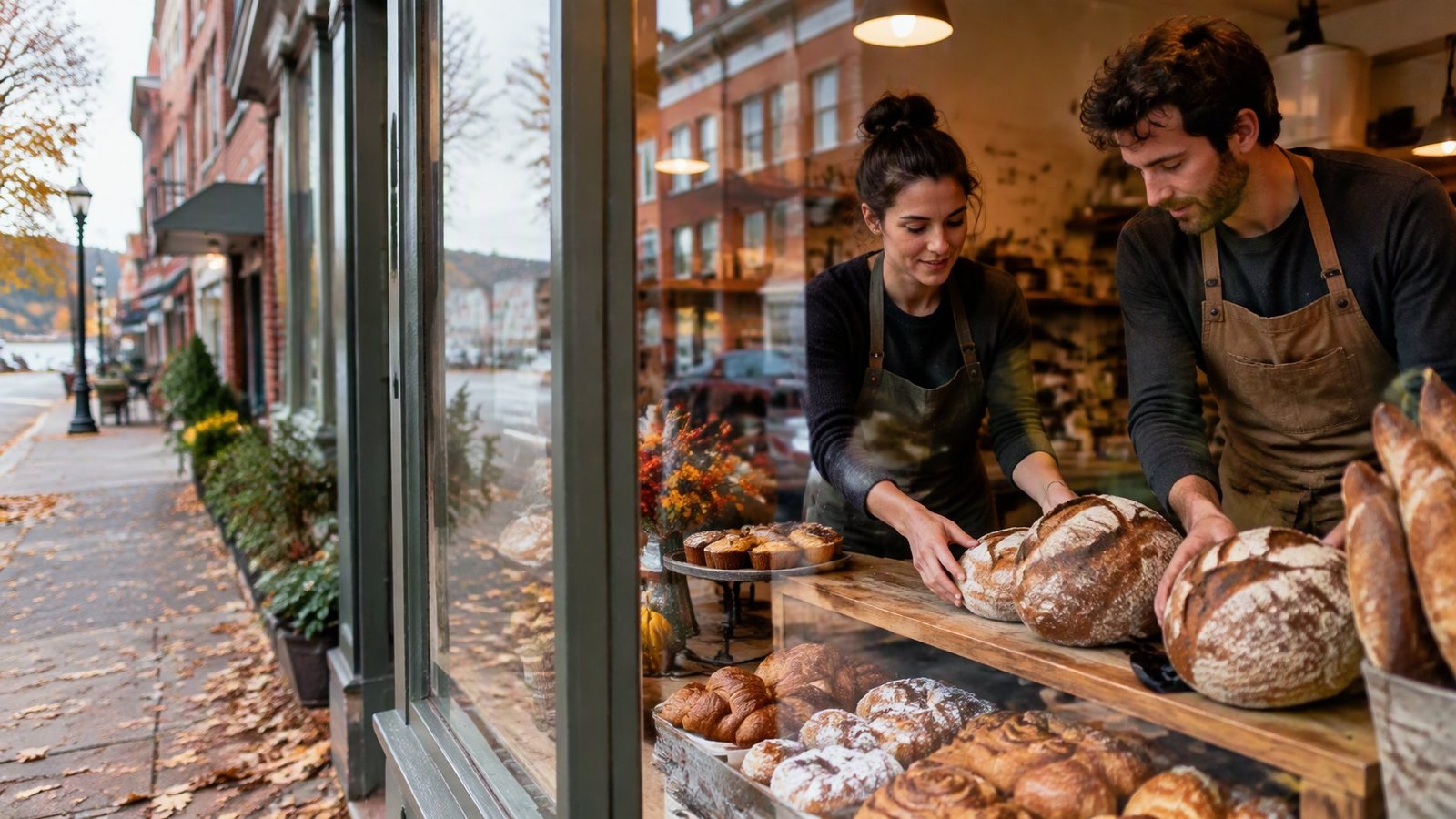 A young couple arranging bread and pastries in the front window of their new bakery on a Finger Lakes main street