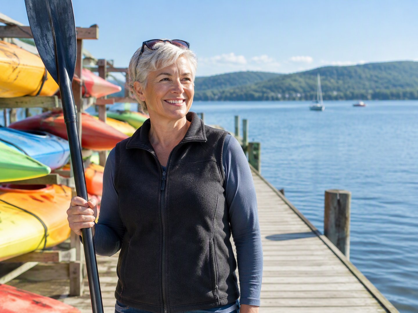 A Canandaigua kayak rental owner standing on a dock beside kayaks on Canandaigua Lake