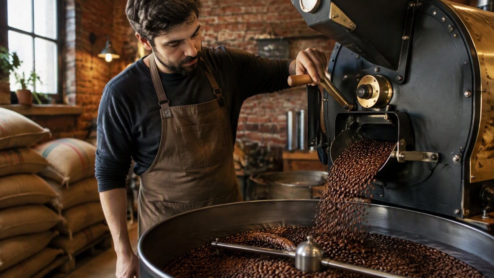 A craft coffee roaster pouring freshly roasted beans into a cooling tray
