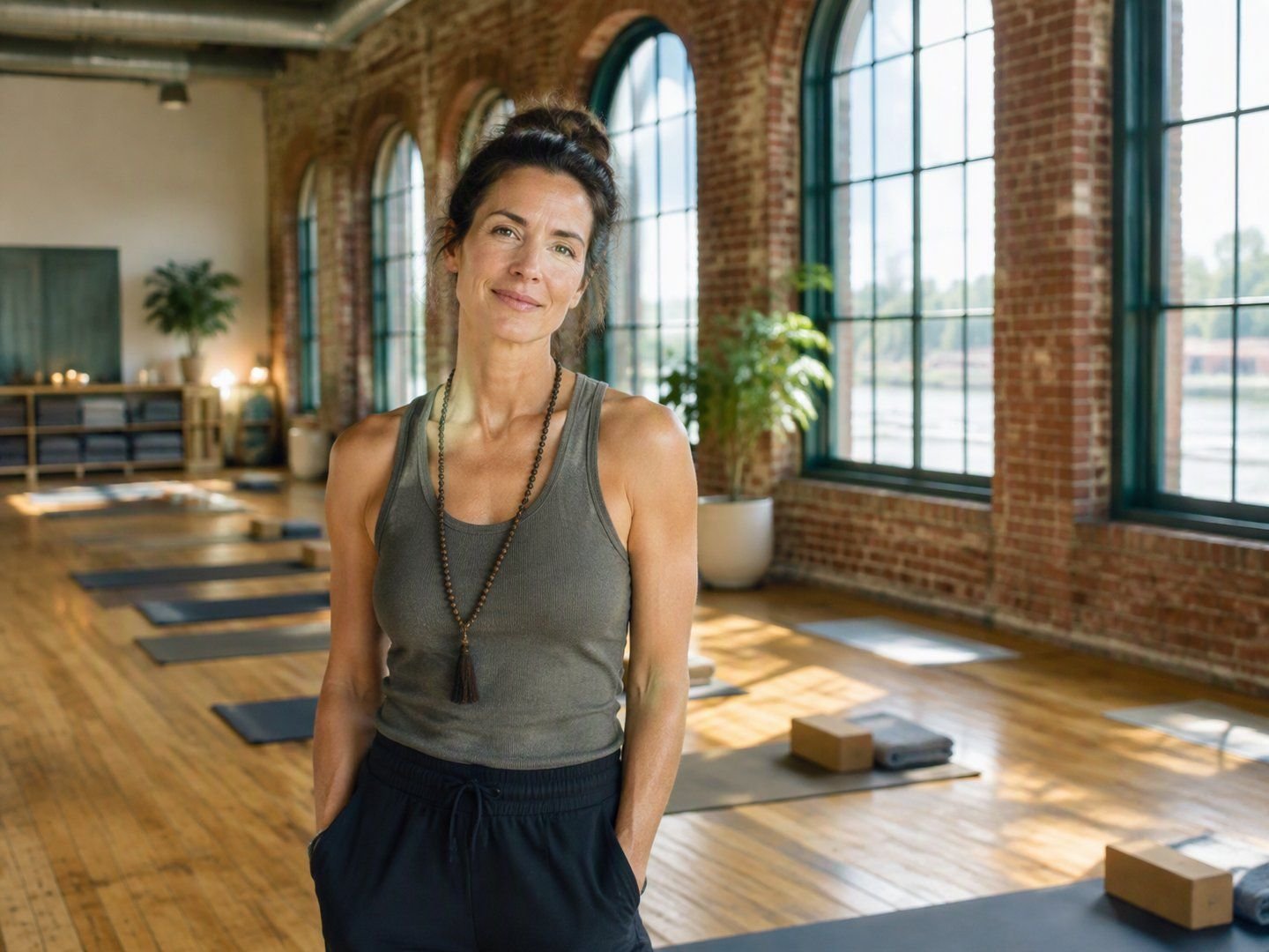 A Cohoes yoga studio owner standing in her bright studio inside a restored textile mill