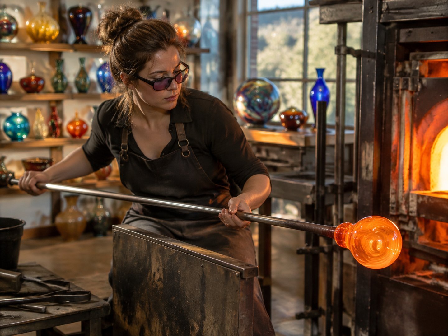 A Corning glass artist shaping molten glass at a glowing furnace in her studio