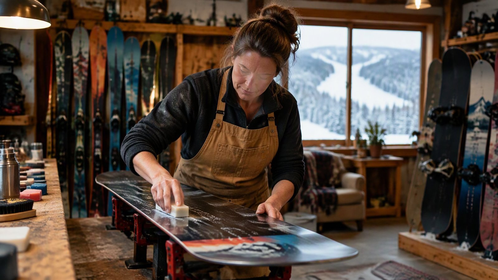 A ski and snowboard shop owner waxing a snowboard in her cozy shop