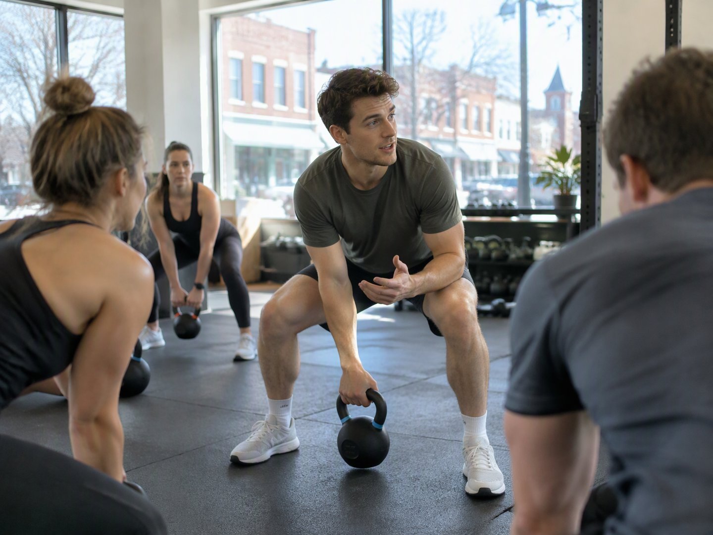 A Cortland fitness studio owner coaching a kettlebell class in a converted storefront gym