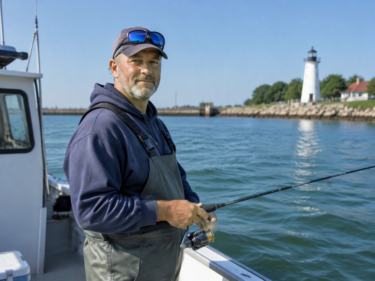 A Dunkirk fishing charter captain on his boat in the harbor with a lighthouse on the Lake Erie shore