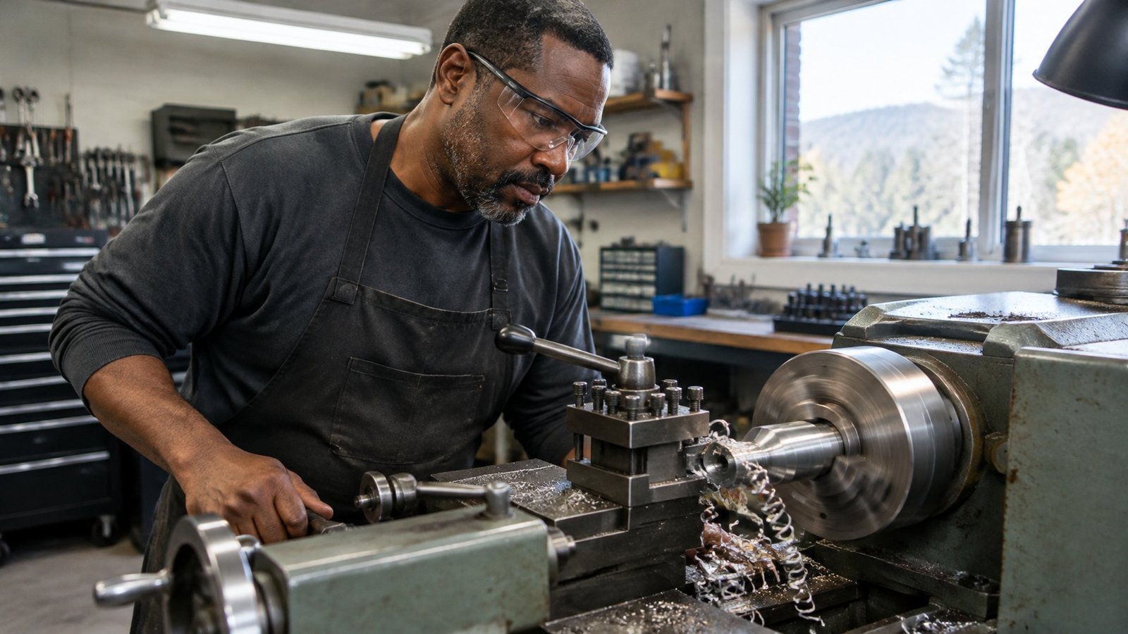 A precision machining shop founder operating a manual lathe in his small Southern Tier shop