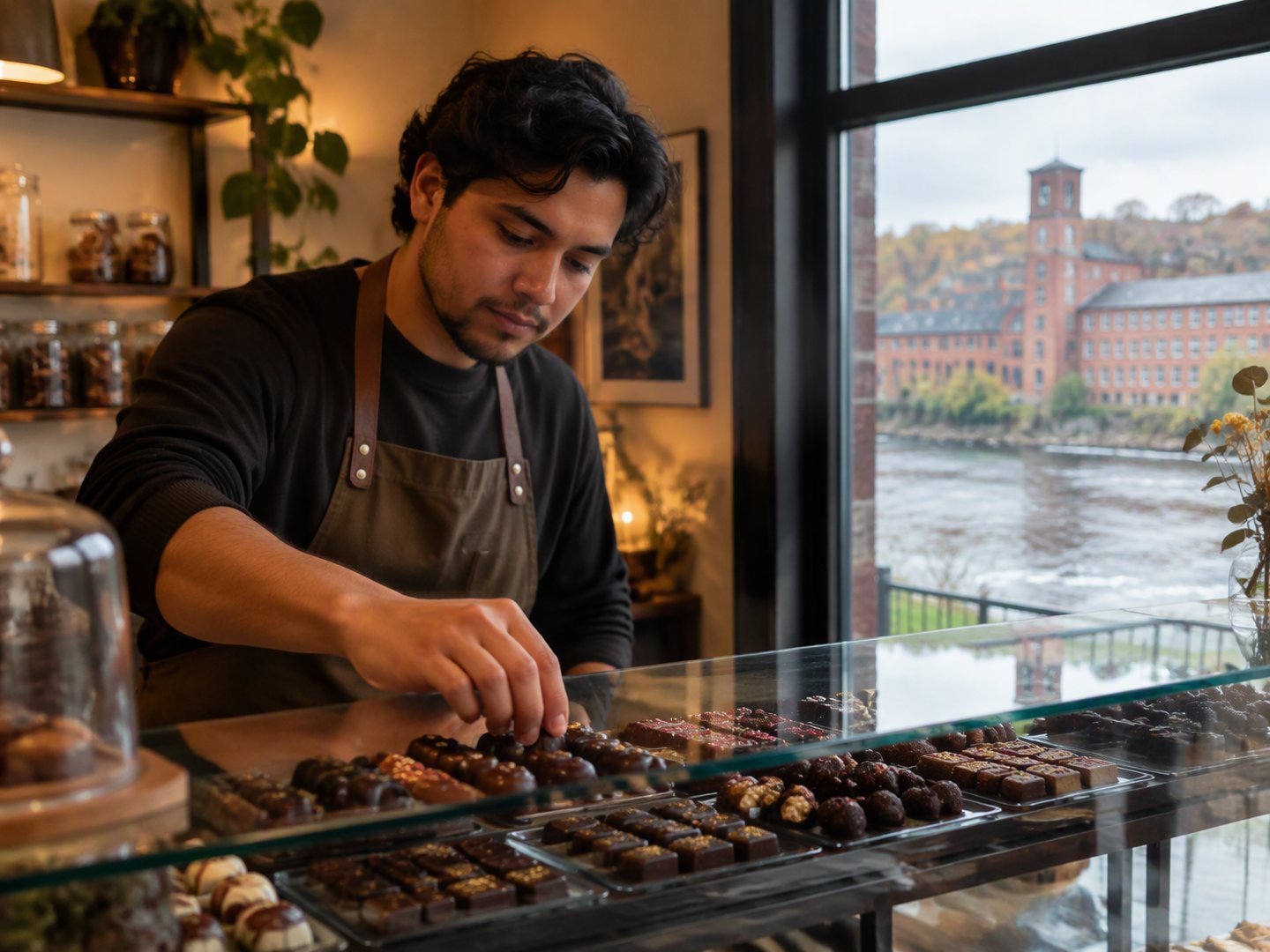 A Fulton chocolate shop owner arranging handmade chocolates in a glass display case
