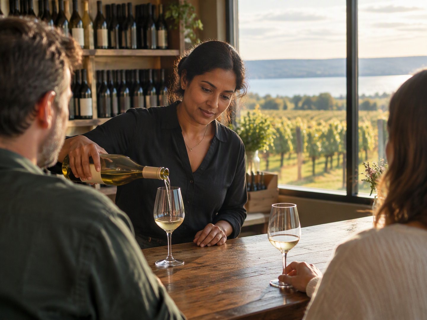 A Geneva winery tasting room owner pouring wine for customers with vineyards and Seneca Lake through the window