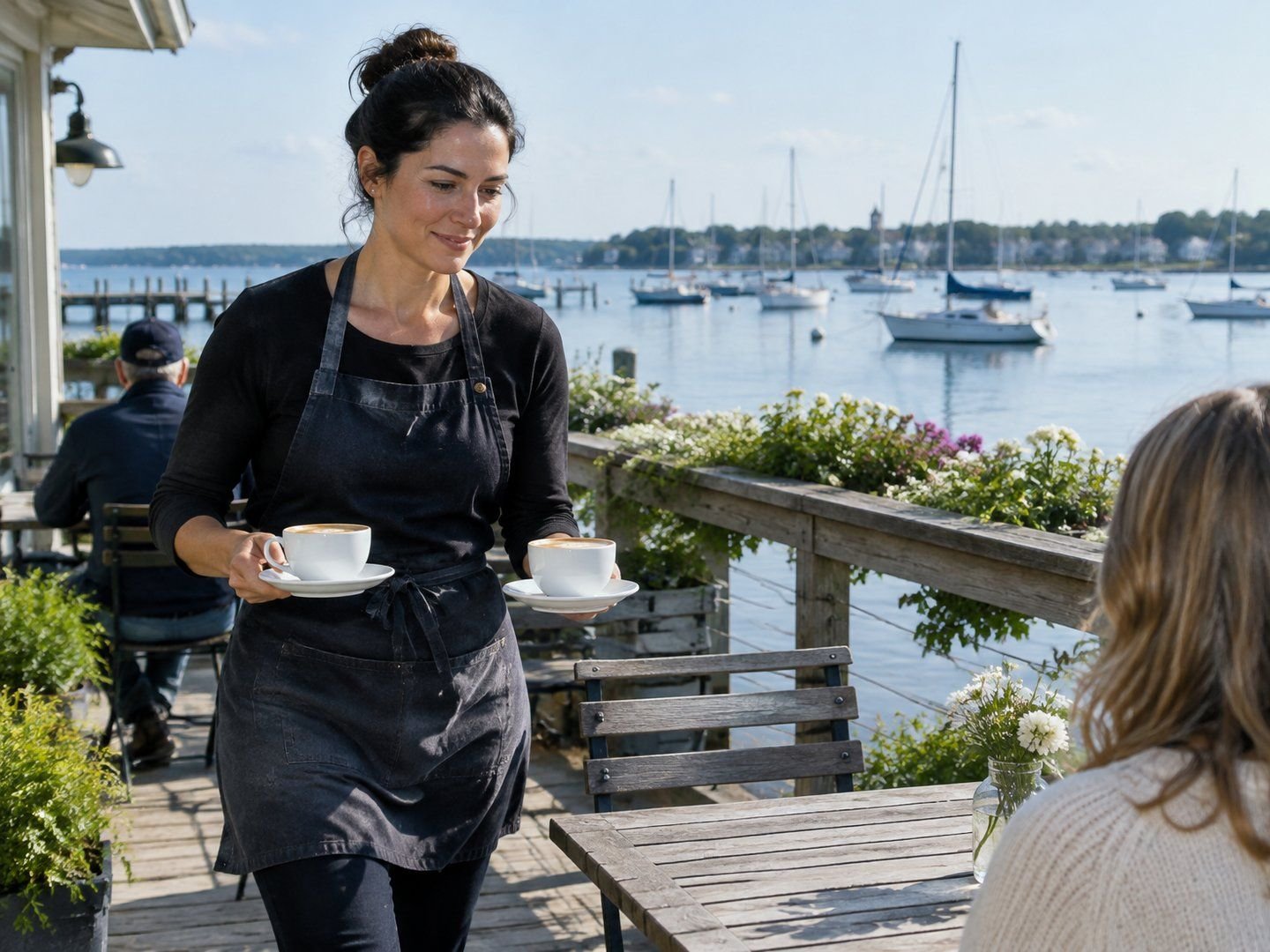 A Glen Cove harborside cafe worker carrying two coffees across the deck with sailboats behind