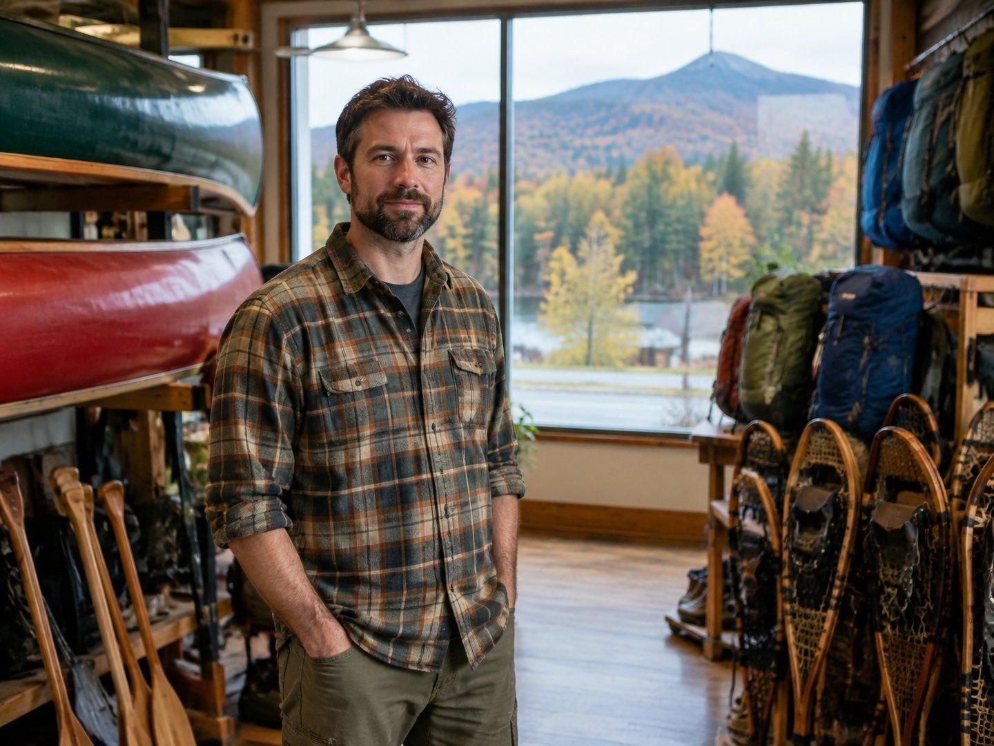 A Glens Falls outfitter standing in his gear shop with kayaks, backpacks, and snowshoes, with mountains outside