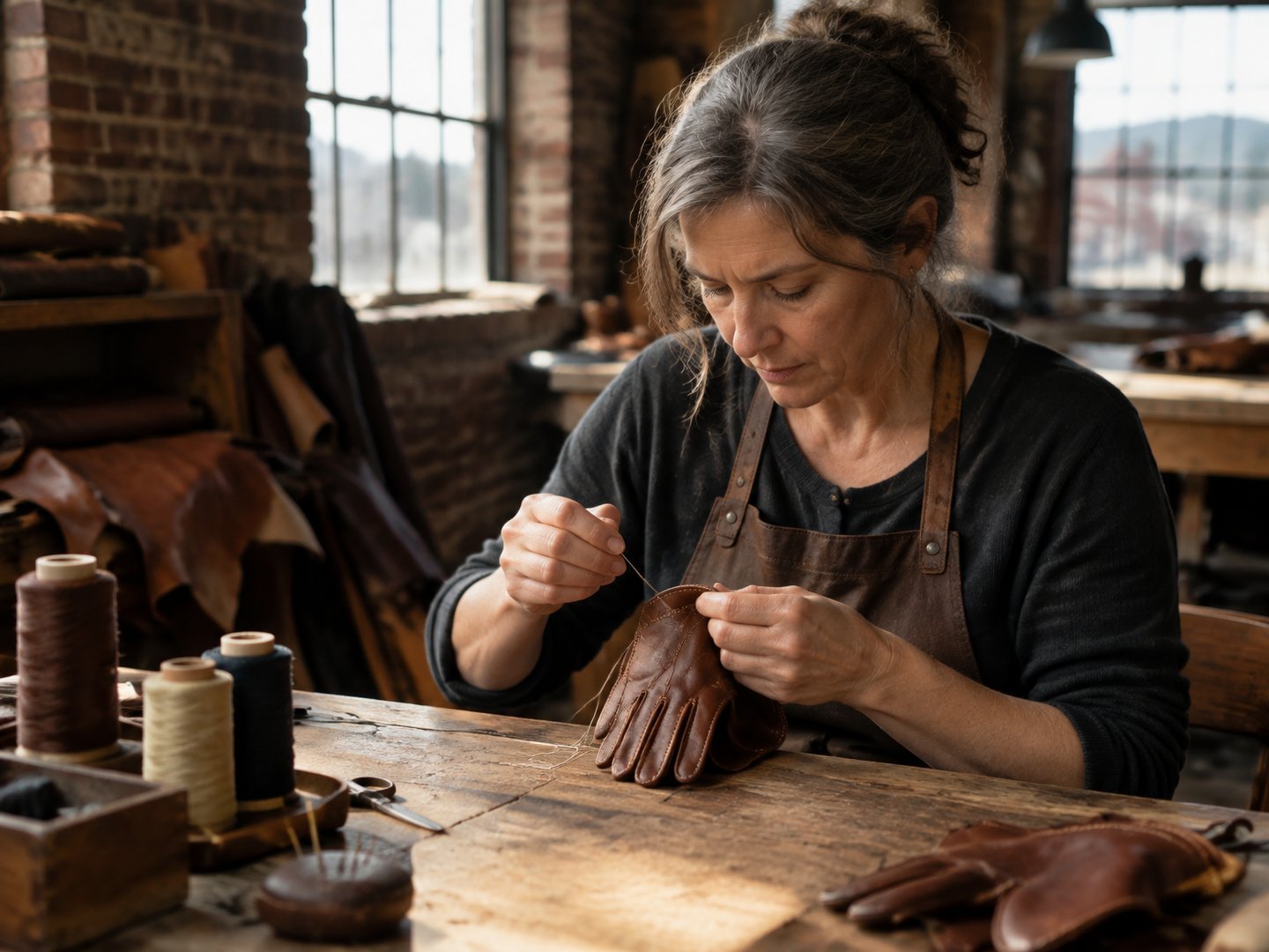 A Gloversville leather worker stitching a leather glove by hand at her workbench