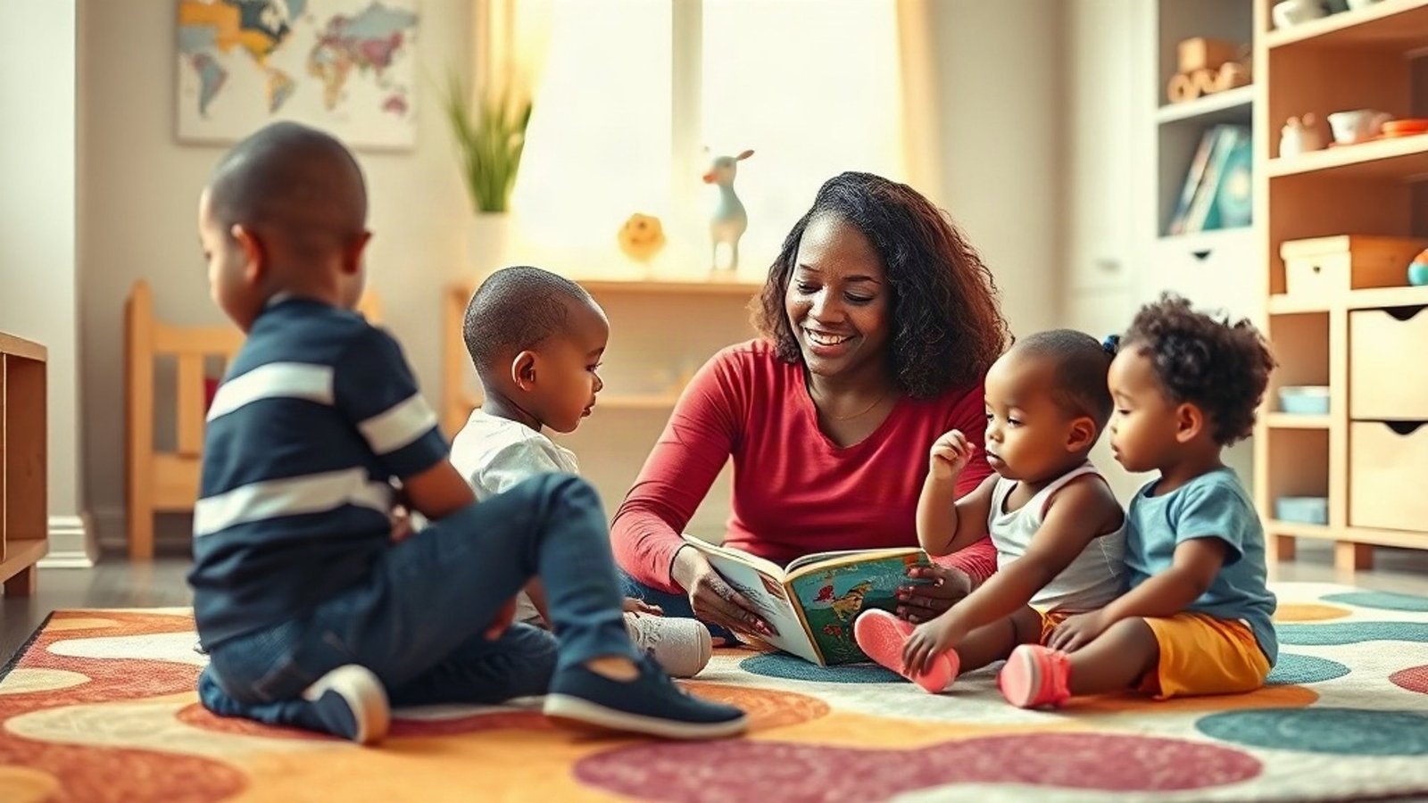 A home daycare founder reading a picture book to toddlers in a bright playroom