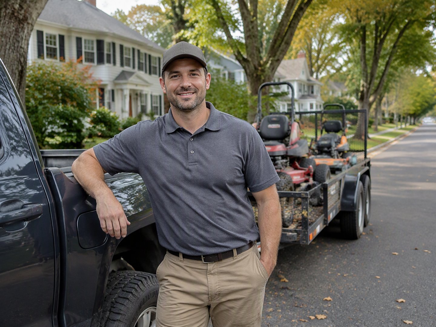 A Greece lawn care and snow removal business owner standing beside his truck and mower trailer on a suburban street