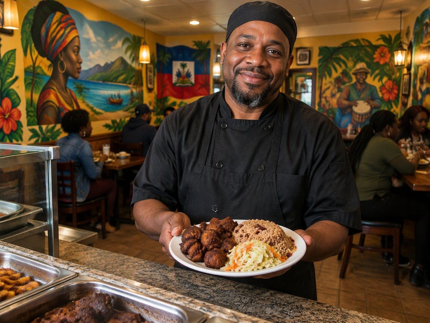 A Hempstead Caribbean restaurant owner holding a plate of fried pork and rice behind his counter