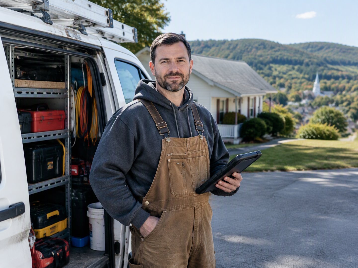 A Hornell HVAC and electrical contractor standing beside his loaded work van in front of a house