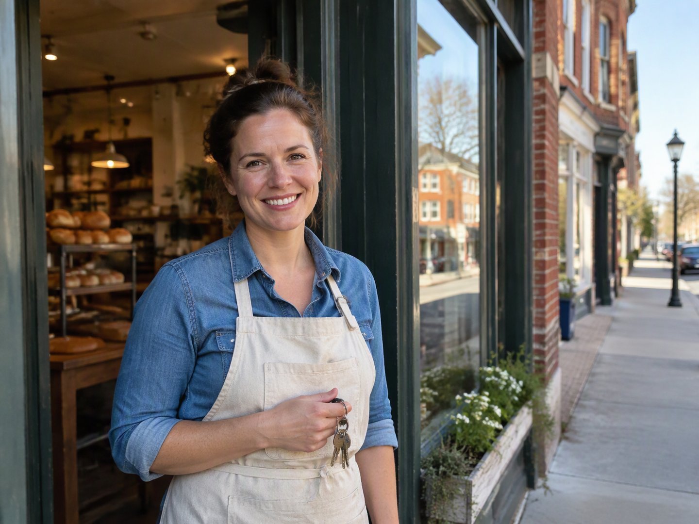 A New York bakery owner standing in the doorway of her newly opened shop on a brick main street