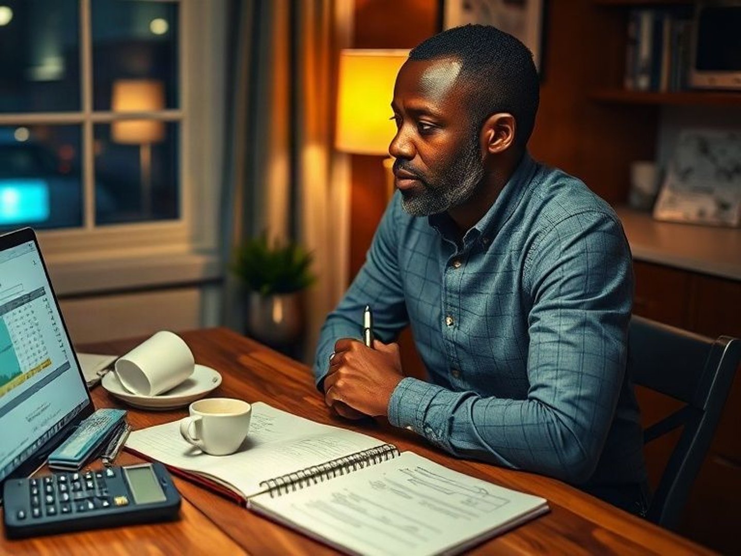 A New York entrepreneur working on his business plan at a kitchen table at night