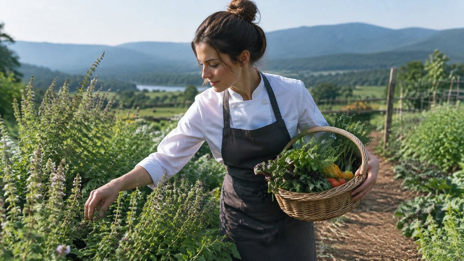 A chef picking fresh herbs in a farm garden with Hudson Valley hills behind