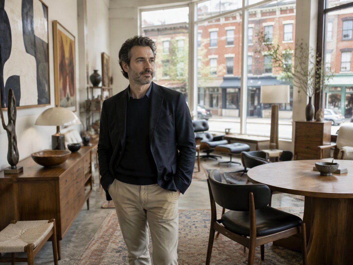 A Hudson design gallery owner standing among contemporary furniture in his showroom