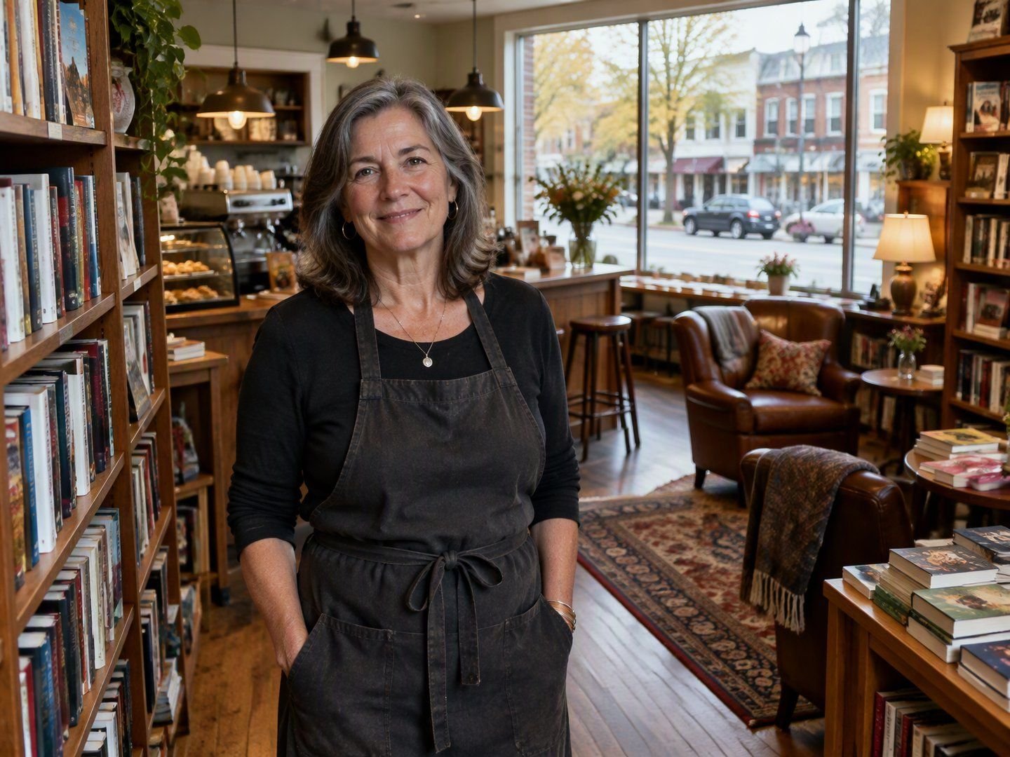A Huntington bookstore and cafe owner standing between bookshelves in her shop on the village main street