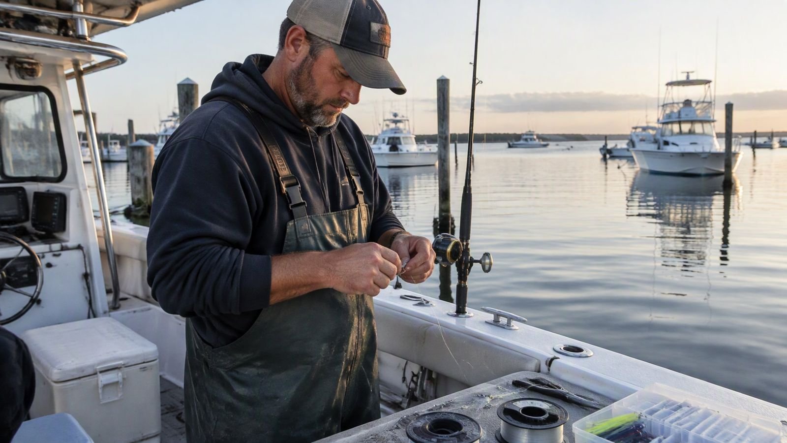 A charter fishing captain preparing tackle on his boat at a South Shore marina