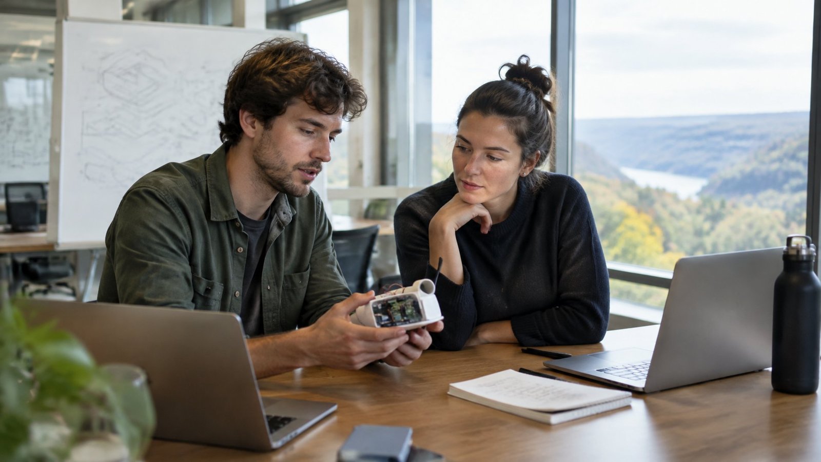 Two young founders discussing a prototype at a shared table in an Ithaca startup incubator