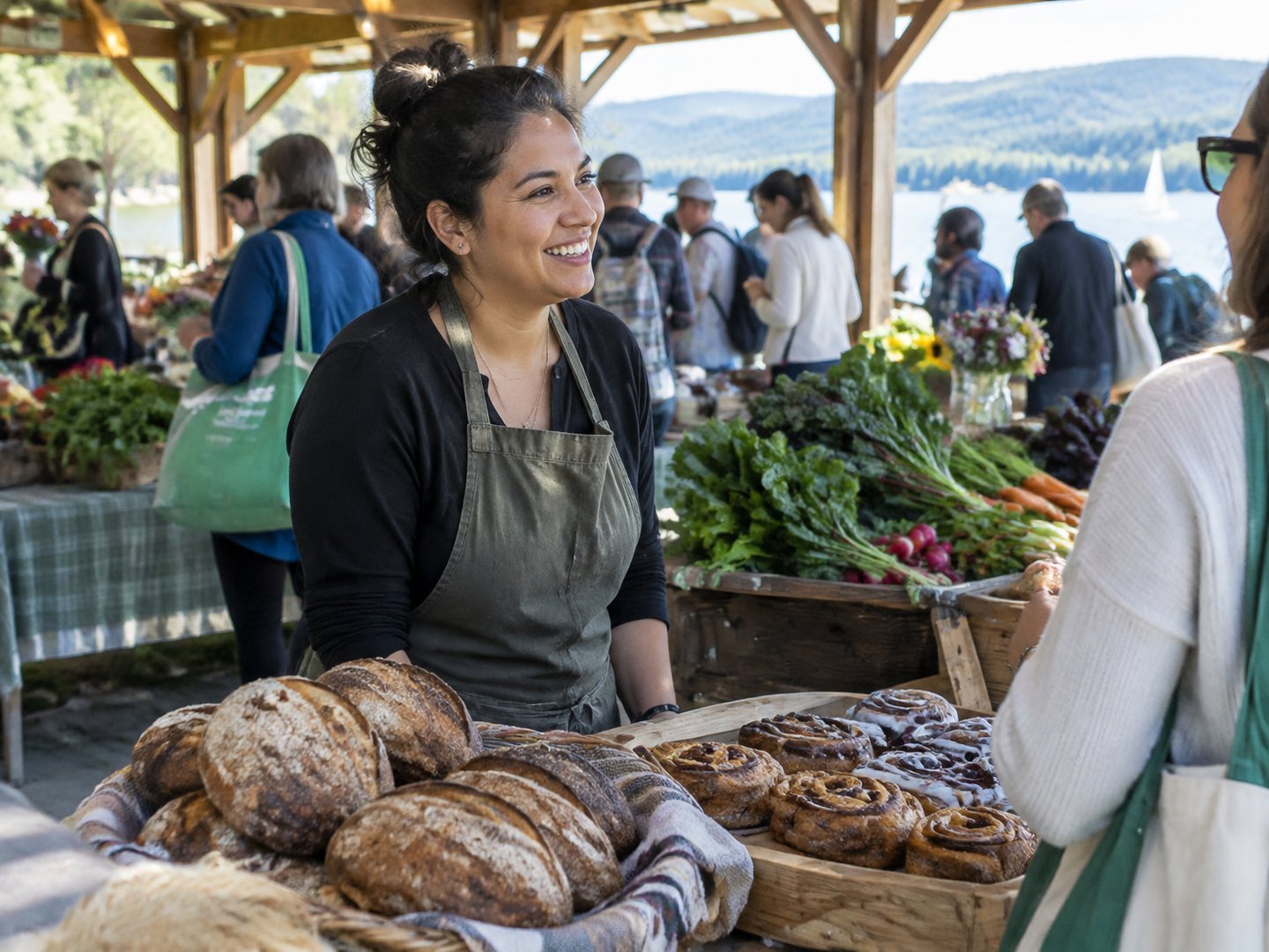An Ithaca food entrepreneur selling baked goods and produce at a lakeside farmers market