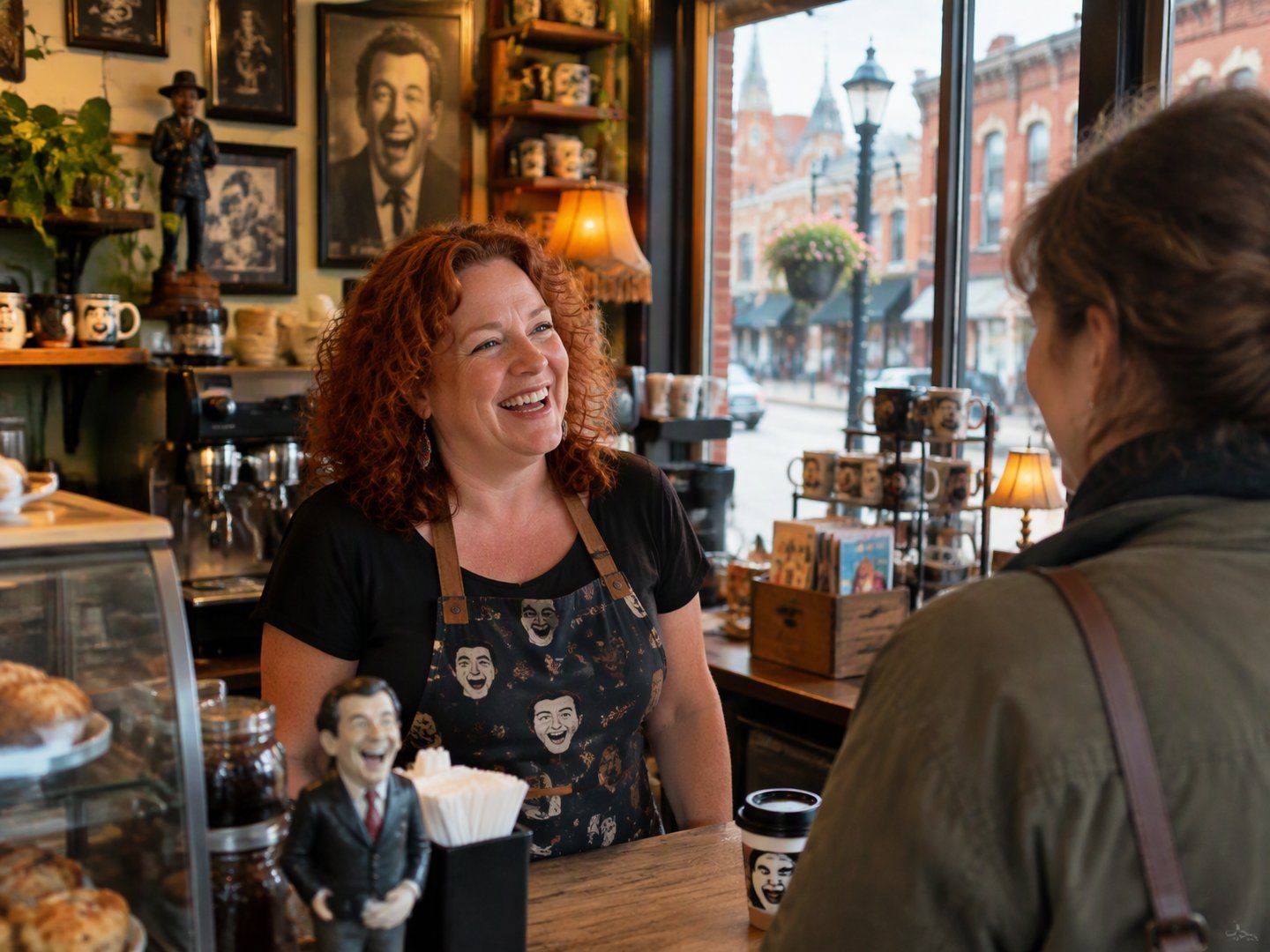 A Jamestown cafe owner laughing with a customer at her coffee counter on a historic downtown street
