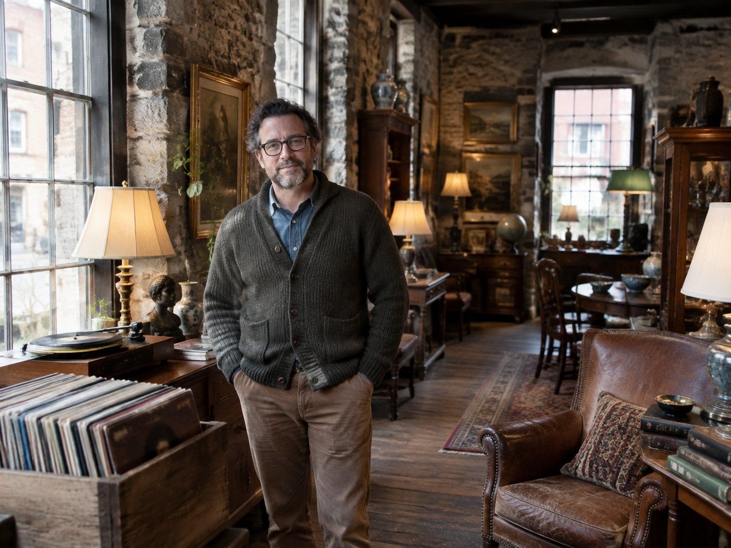 A Kingston antiques shop owner standing among old furniture, lamps, and records in a stone-walled shop