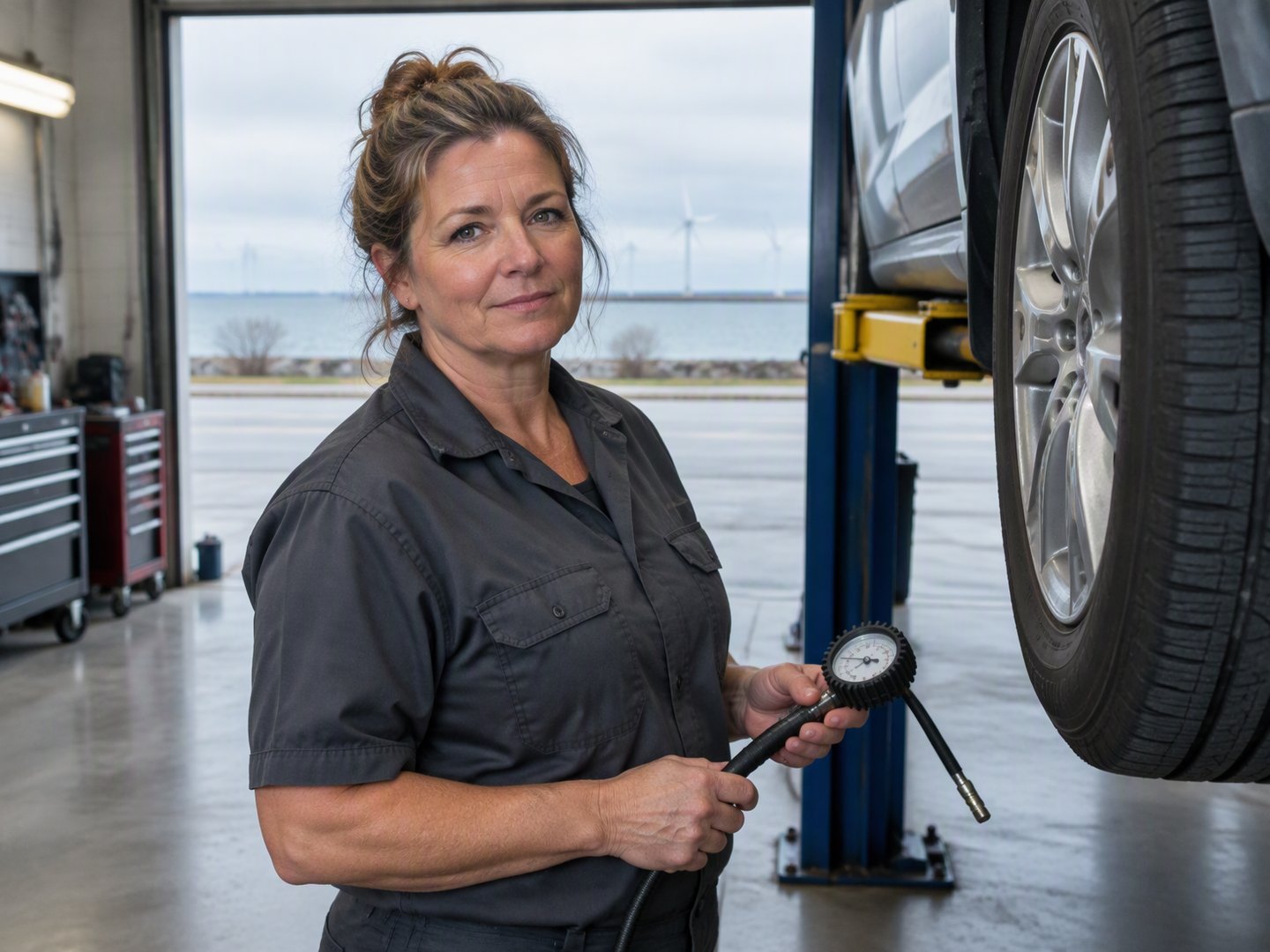 A Lackawanna auto repair shop owner standing beside a car on a lift in her two-bay garage