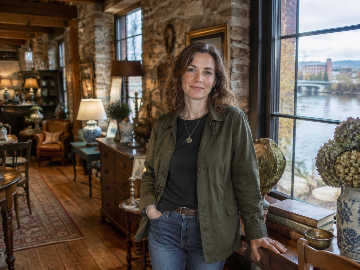 A Little Falls antiques shop owner standing in her shop inside a restored stone mill building