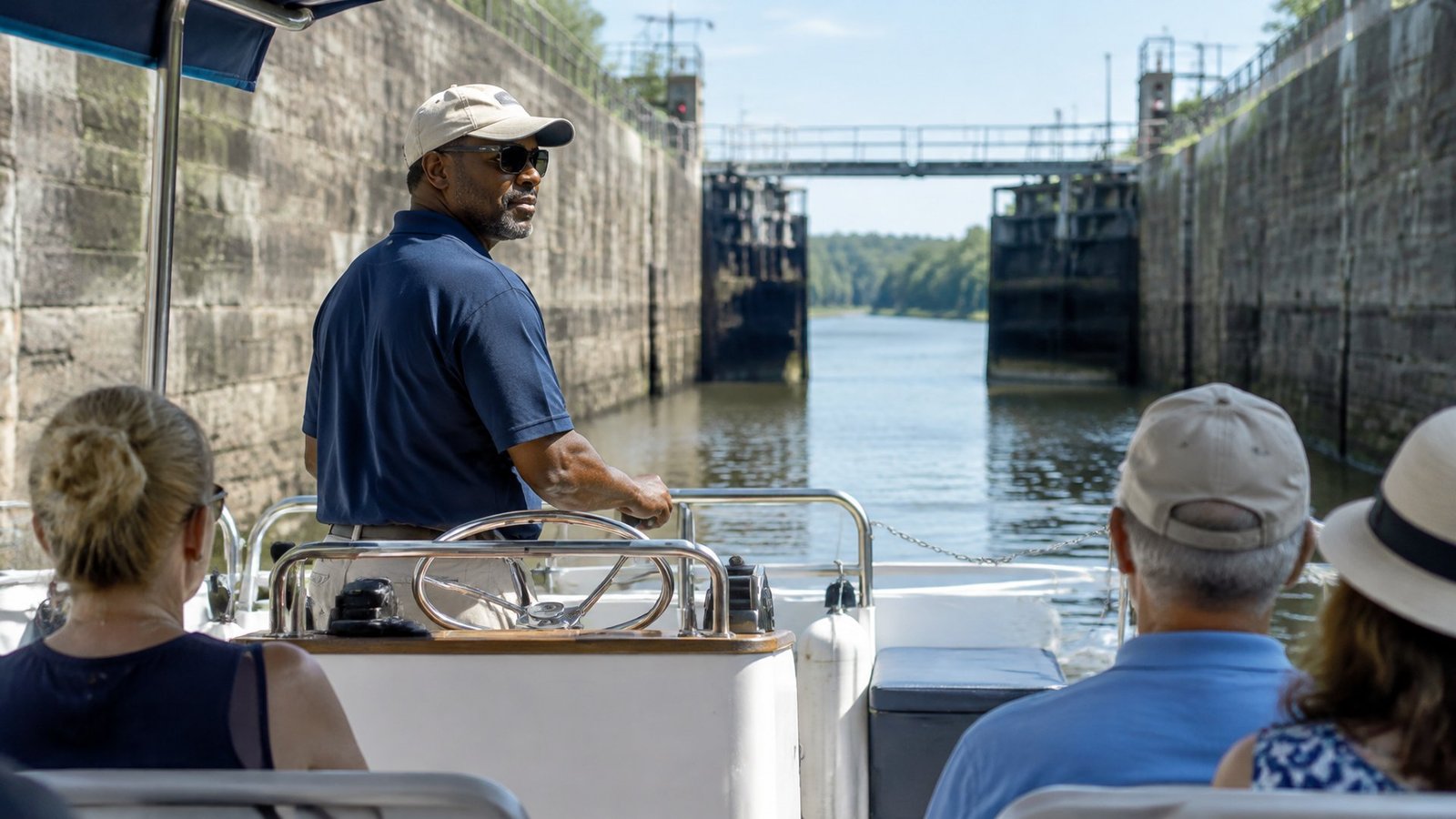 An Erie Canal tour boat captain at the wheel of his small open boat between tall stone lock walls
