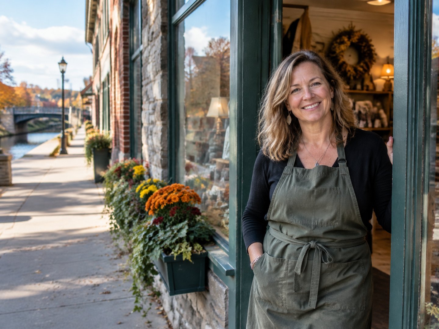 A Lockport gift shop owner standing in the doorway of her storefront on a historic main street near the Erie Canal