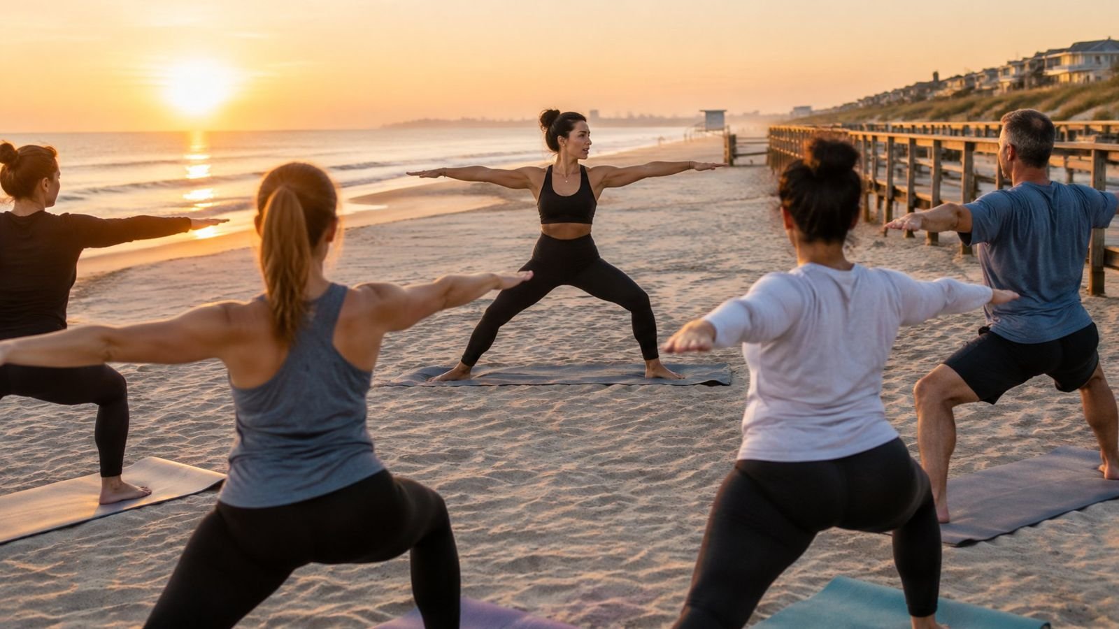 A fitness instructor leading a beach yoga class at sunset near a wooden pier