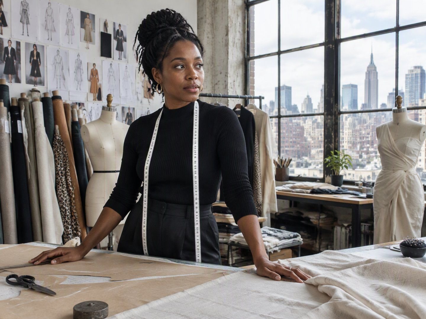 A Manhattan fashion designer standing at her cutting table in a Garment District studio with dress forms and fabric